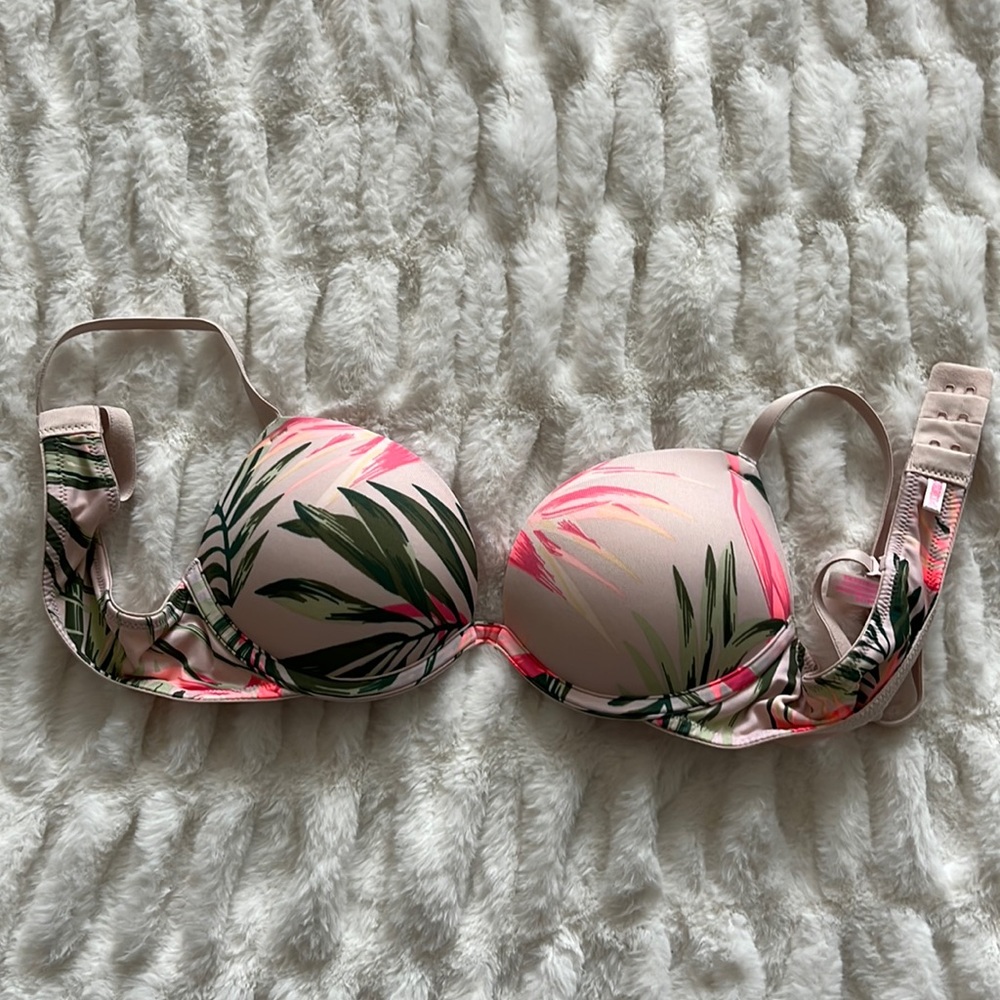 PINK Victoria Secret push up bra size 34AA tropical pink and green